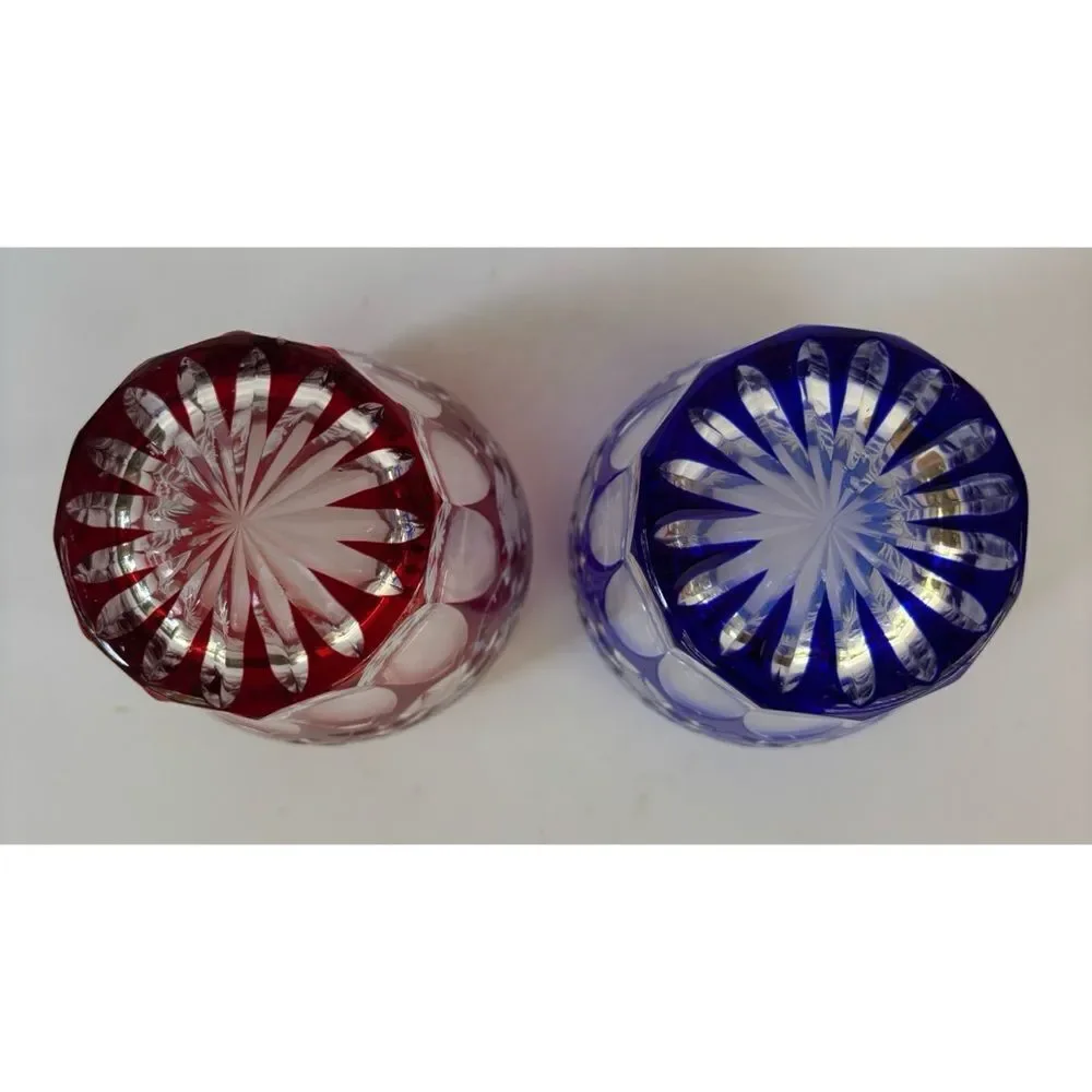 Pair of Edo Kiriko Glass Tumbler Cut to Clear in Ruby and Cobalt / Japan